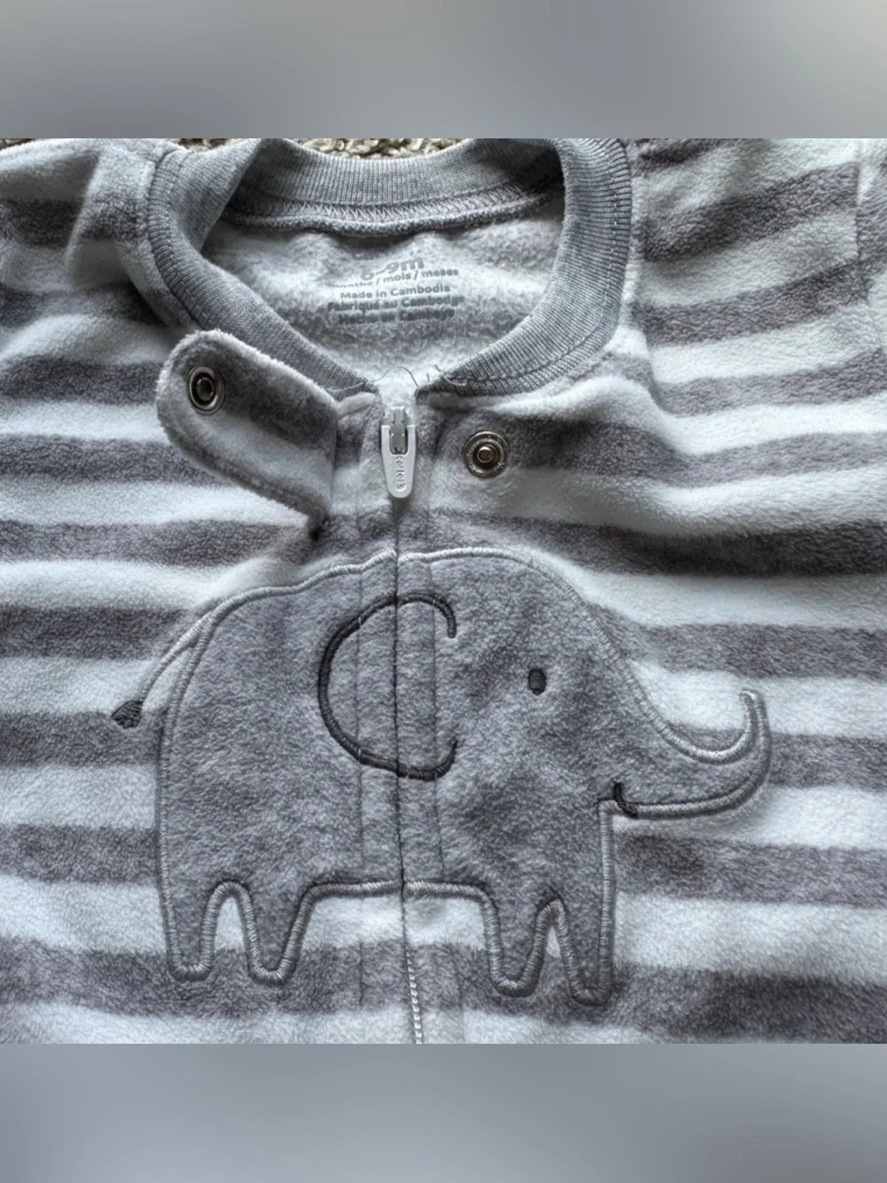 Carter’s Baby Sleep Gown Gray White Striped Elephant Fleece 6-9 Months Cozy